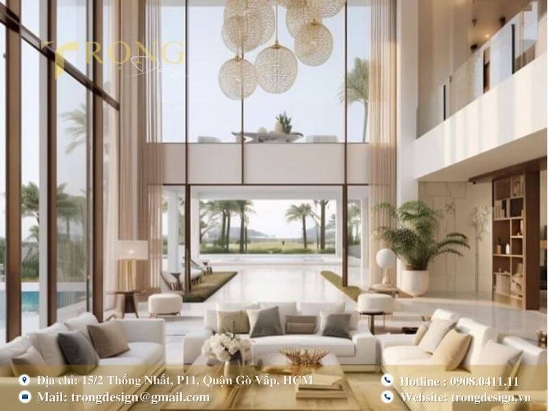 Phòng khách sang trọng với đèn chùm độc đáo và không gian mở.