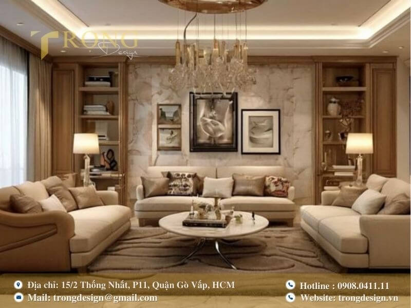 Thiết kế tân cổ điển với nội thất gỗ và đá tự nhiên.