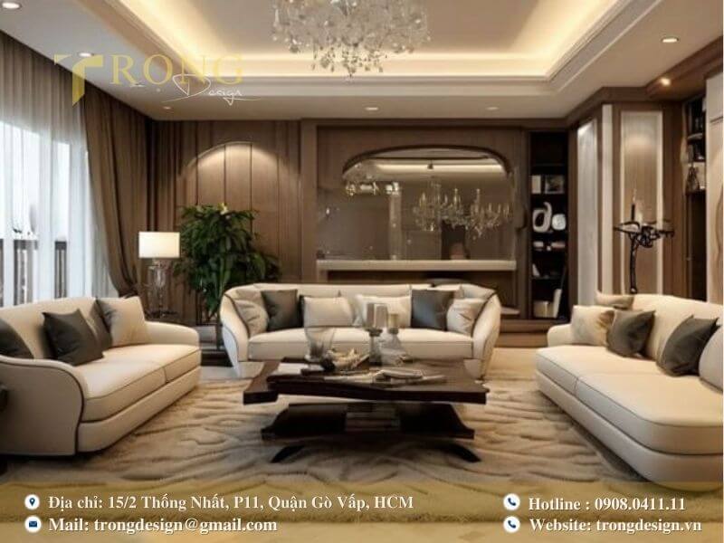 Phòng khách tân cổ điển với nội thất đối xứng và gam màu ấm.