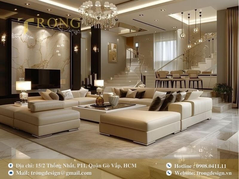 Phòng khách tân cổ điển lộng lẫy, đầy đủ tiện nghi.