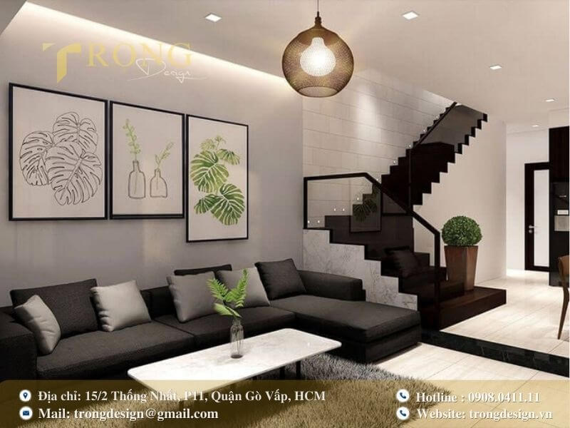 Phòng khách tối giản, thanh lịch với tông xám chủ đạo.