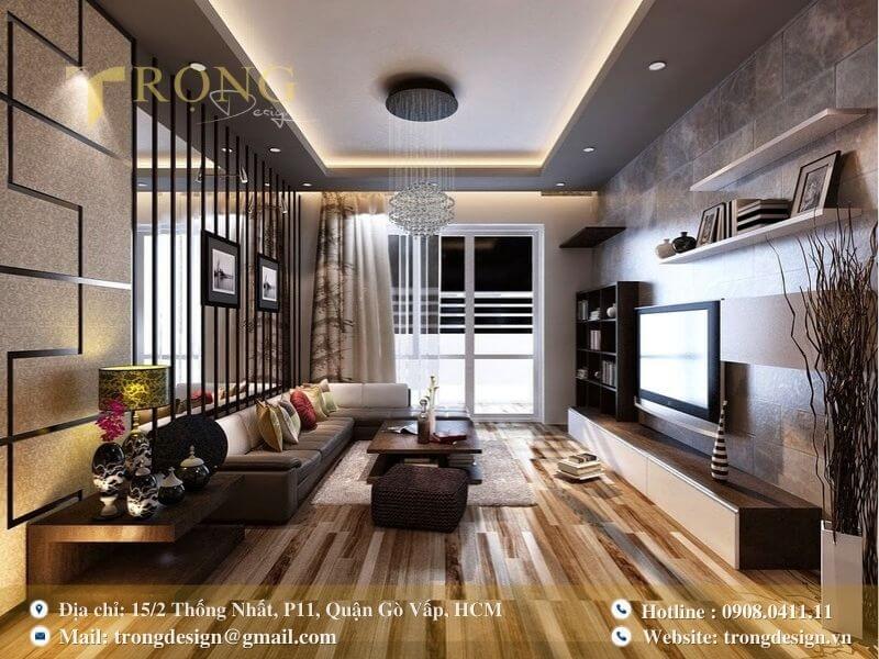 Không gian phòng khách độc đáo với sự kết hợp của nhiều chất liệu và màu sắc.