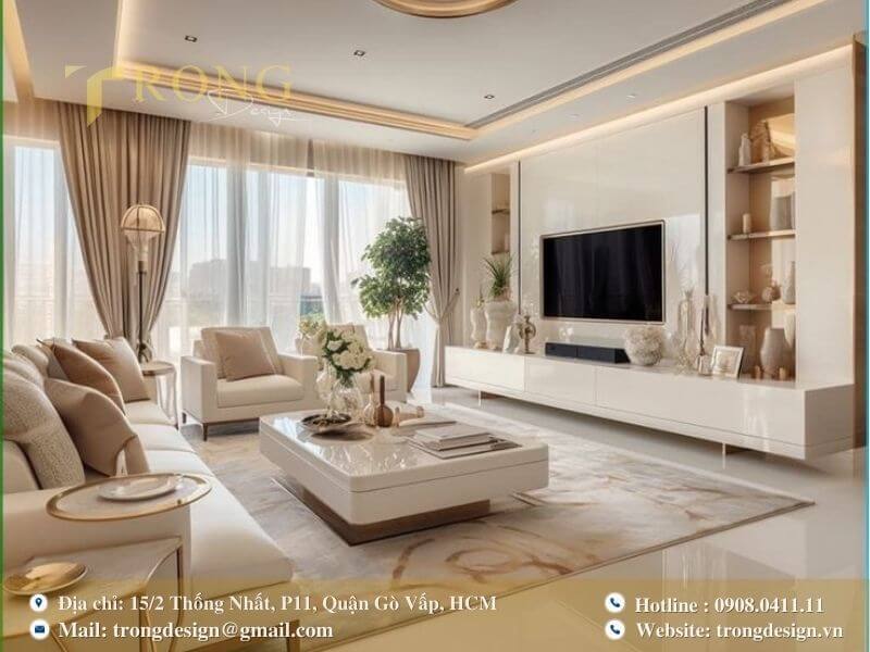 Thiết kế phòng khách hiện đại, sang trọng tạo cảm giác rộng rãi và tinh tế.