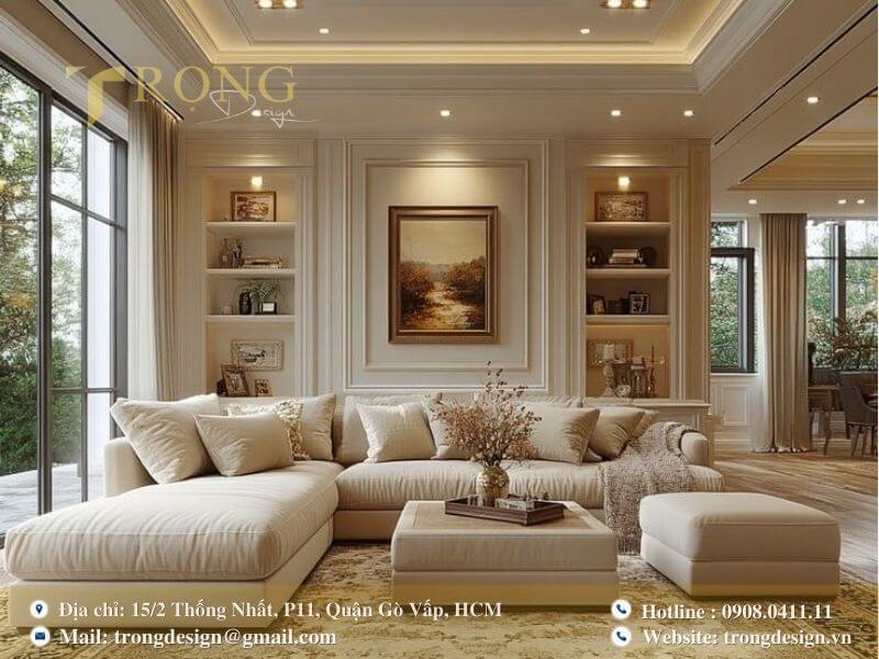 Phòng khách Tân cổ điển ấm cúng với nội thất và các chi tiết tinh xảo.