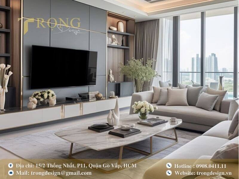 Thiết kế hiện đại, sang trọng với tông màu xám chủ đạo và nội thất tích hợp đa năng.