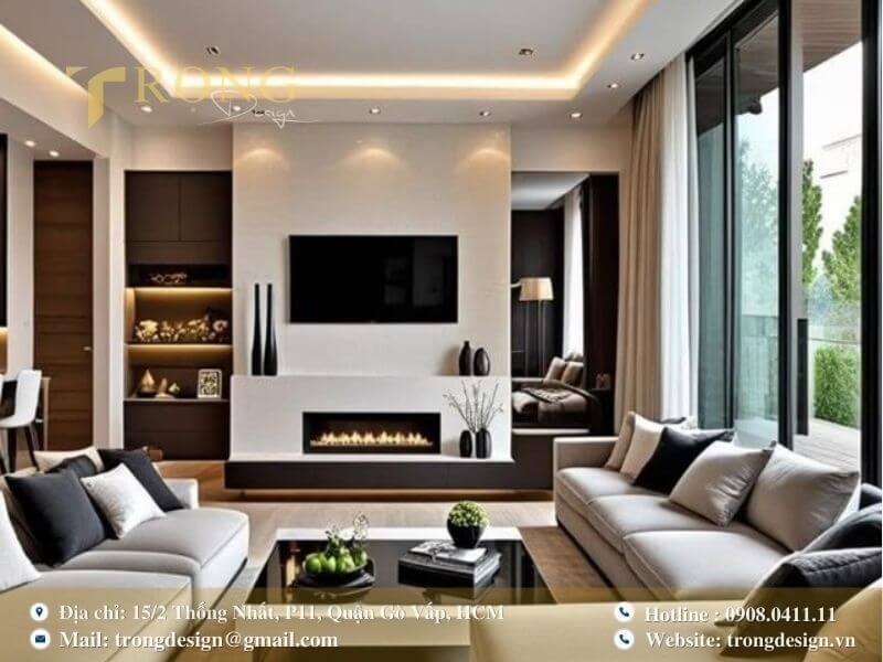Thiết kế phòng khách tối giản, hiện đại với tông màu trắng chủ đạo.