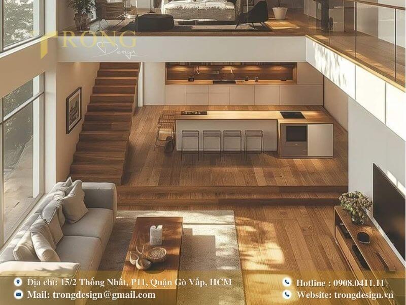 Bố cục độc đáo với sàn nâng cao và không gian mở, tràn ngập ánh sáng.