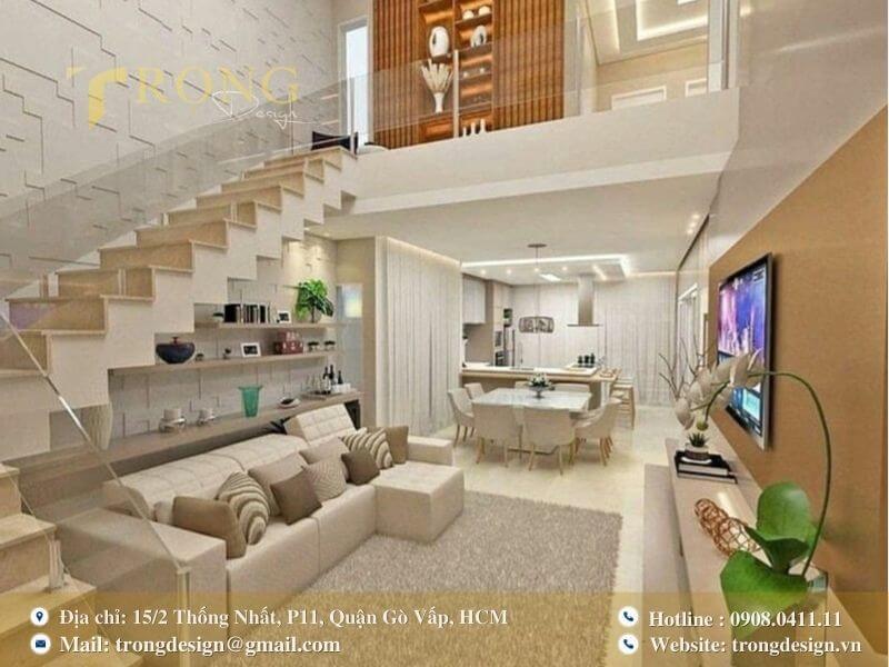 Không gian hiện đại, sang trọng với sự kết hợp của gỗ và tông màu kem.