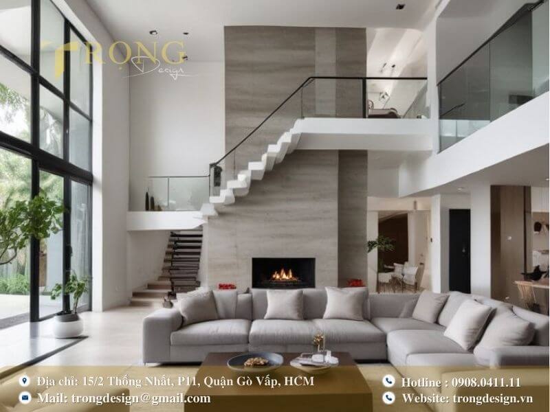 Thiết kế hiện đại, thoáng đãng với điểm nhấn tường bê tông và lò sưởi.
