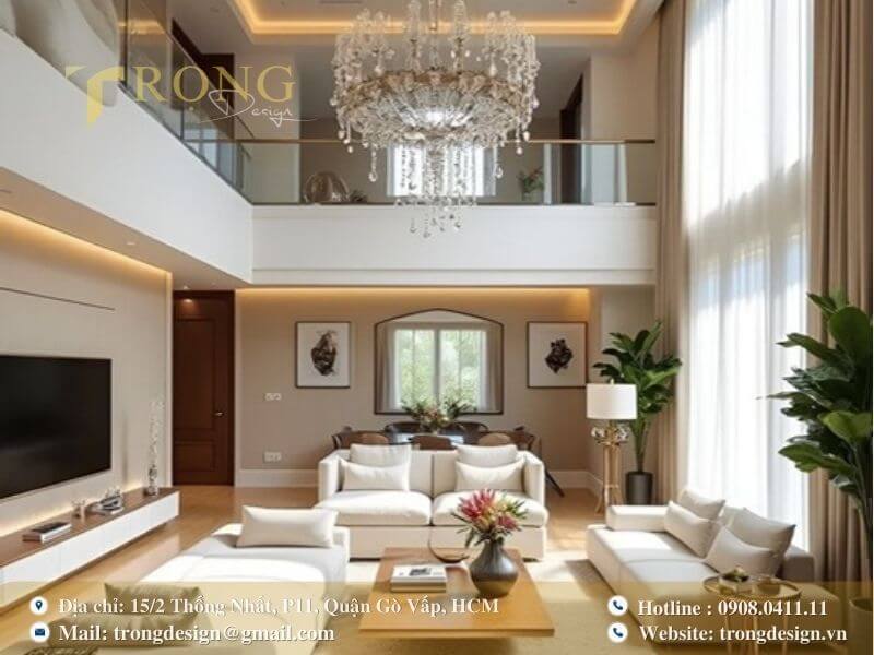 Không gian thông tầng, thanh lịch với ánh sáng tự nhiên và đèn chùm tinh xảo.