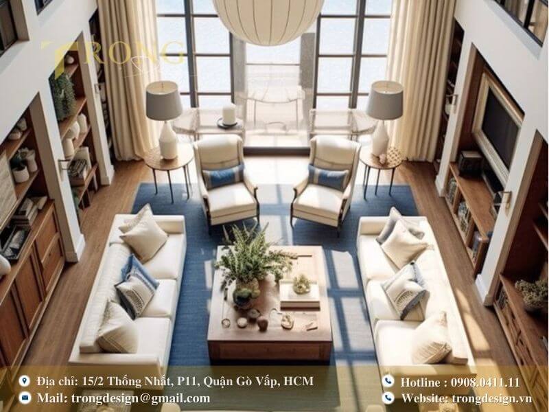 Thiết kế đối xứng, hài hòa với bố cục tập trung và kệ sách lớn.