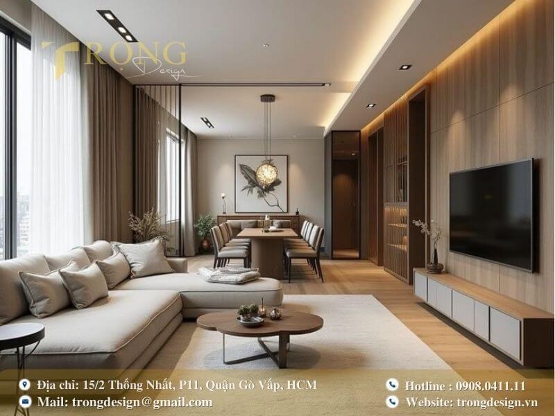 Thiết kế liền mạch với khu vực ăn uống, sử dụng vật liệu gỗ ấm áp.