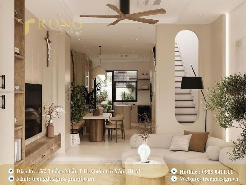 Phong cách tối giản, sử dụng đường cong và tông màu kem nhẹ nhàng.