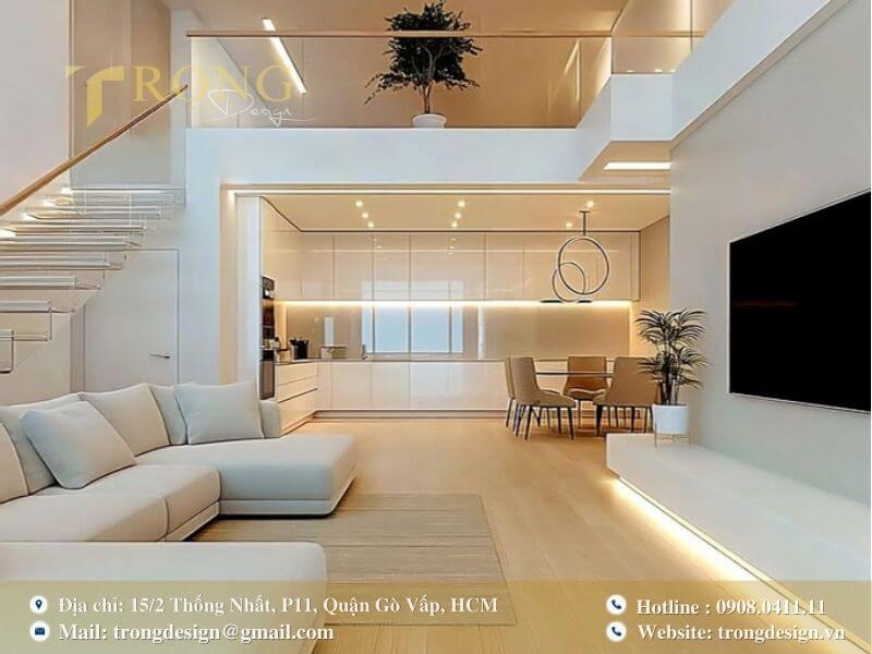 Phong cách tối giản, sử dụng tông trắng chủ đạo và ánh sáng led tinh tế.