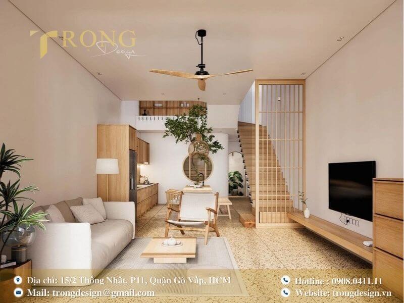 Phòng khách tối giản, thanh lịch với nội thất gỗ tự nhiên, mang phong cách Nhật Bản.