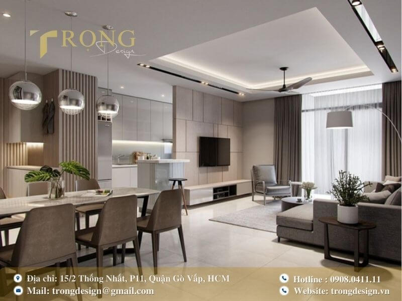 Phòng khách hiện đại, sang trọng với không gian liên kết phòng khách và phòng ăn.