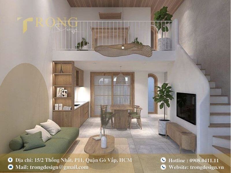 Phòng khách tối giản, pha trộn nét mộc mạc và đường cong mềm mại.