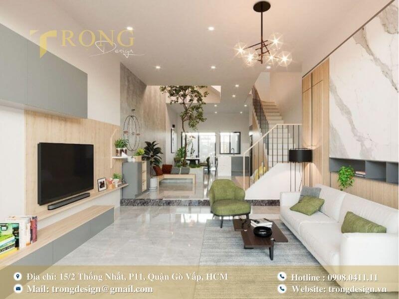 Phòng khách tối giản, hiện đại với nội thất tông màu trung tính.