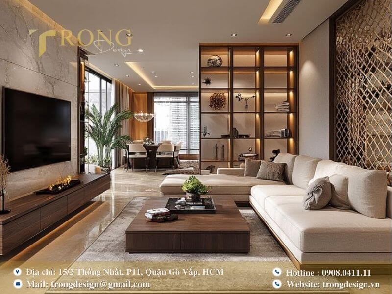Không gian phòng khách sang trọng, hiện đại với nội thất gỗ và đá cẩm thạch.
