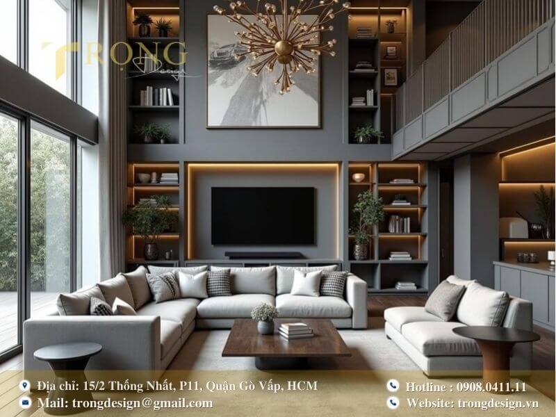 Phòng khách hiện đại với trần cao và kệ sách tích hợp độc đáo.