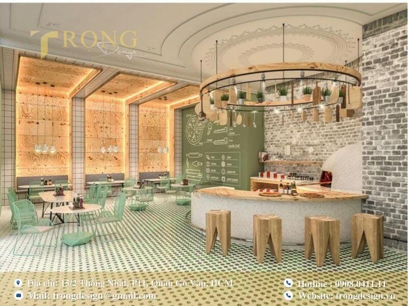 Quán pizza phong cách công nghiệp với nội thất mộc mạc và màu sắc tươi sáng.