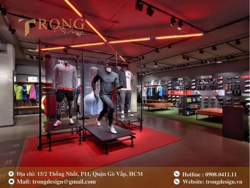 Cửa hàng thể thao với trang phục tập luyện chuyên nghiệp, đậm tính công nghệ.