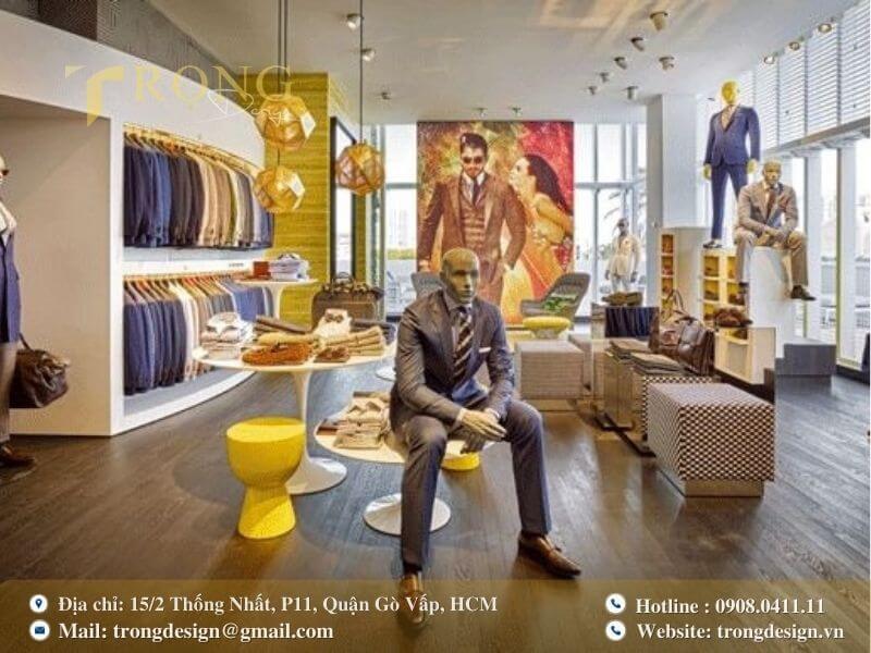 Thiết kế cửa hàng hiện đại với ma-nơ-canh trang phục vest lịch lãm.