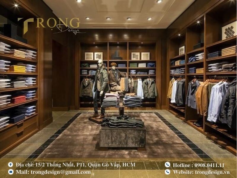 Cửa hàng ấm cúng với nội thất gỗ tối màu, trưng bày trang phục nam cổ điển.