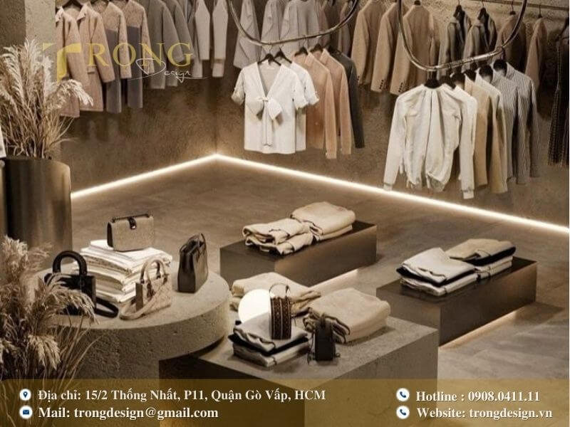 Thiết kế tối giản, nghệ thuật với kệ bê tông và ánh sáng LED độc đáo.